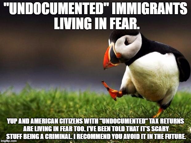 Unpopular Opinion Puffin Meme | "UNDOCUMENTED" IMMIGRANTS LIVING IN FEAR. YUP AND AMERICAN CITIZENS WITH "UNDOCUMENTED" TAX RETURNS ARE LIVING IN FEAR TOO. I'VE BEEN TOLD THAT IT'S SCARY STUFF BEING A CRIMINAL. I RECOMMEND YOU AVOID IT IN THE FUTURE. | image tagged in memes,unpopular opinion puffin | made w/ Imgflip meme maker