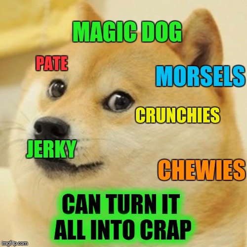 Doge Meme | MAGIC DOG; PATE; MORSELS; CRUNCHIES; JERKY; CHEWIES; CAN TURN IT ALL INTO CRAP | image tagged in memes,doge | made w/ Imgflip meme maker