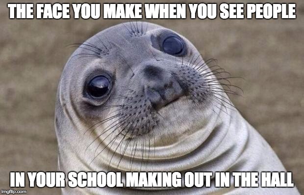 this happens all the time...its not bad ;p | THE FACE YOU MAKE WHEN YOU SEE PEOPLE; IN YOUR SCHOOL MAKING OUT IN THE HALL | image tagged in memes,akward moment seal | made w/ Imgflip meme maker