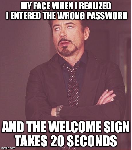 Face You Make Robert Downey Jr Meme | MY FACE WHEN I REALIZED I ENTERED THE WRONG PASSWORD; AND THE WELCOME SIGN TAKES 20 SECONDS | image tagged in memes,face you make robert downey jr,password,welcome,wrong password | made w/ Imgflip meme maker