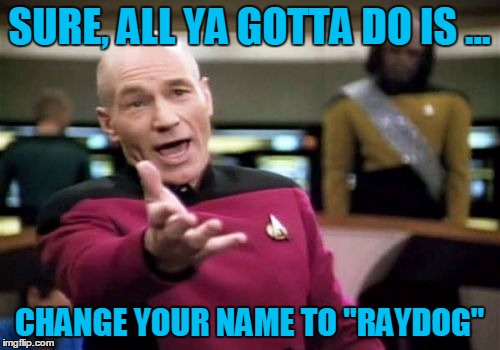 Picard Wtf Meme | SURE, ALL YA GOTTA DO IS ... CHANGE YOUR NAME TO "RAYDOG" | image tagged in memes,picard wtf | made w/ Imgflip meme maker