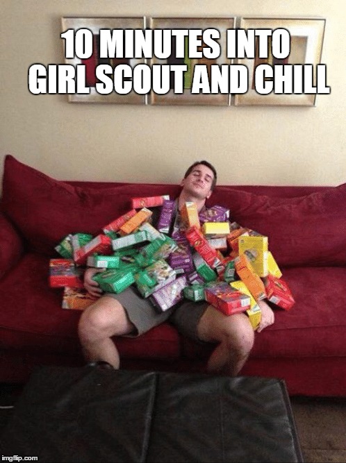 10 MINUTES INTO GIRL SCOUT AND CHILL | image tagged in girl scout cookies,girl scouts,girl scout,girl scout cookie | made w/ Imgflip meme maker