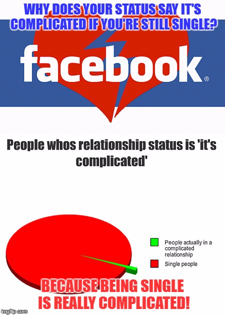 The truth behind "it's complicated" | WHY DOES YOUR STATUS SAY IT'S COMPLICATED IF YOU'RE STILL SINGLE? BECAUSE BEING SINGLE IS REALLY COMPLICATED! | image tagged in facebook,dating | made w/ Imgflip meme maker