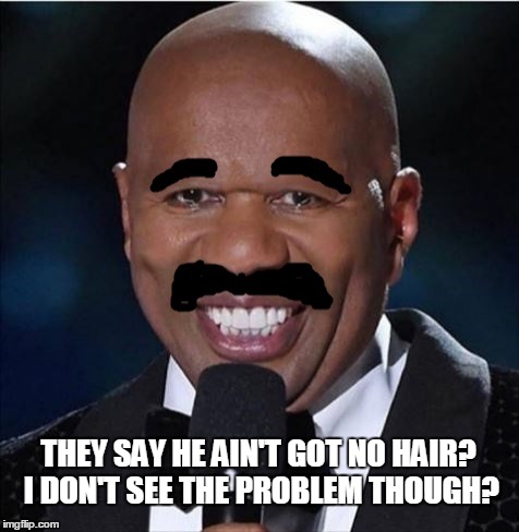 THEY SAY HE AIN'T GOT NO HAIR? I DON'T SEE THE PROBLEM THOUGH? | image tagged in steve harvey | made w/ Imgflip meme maker