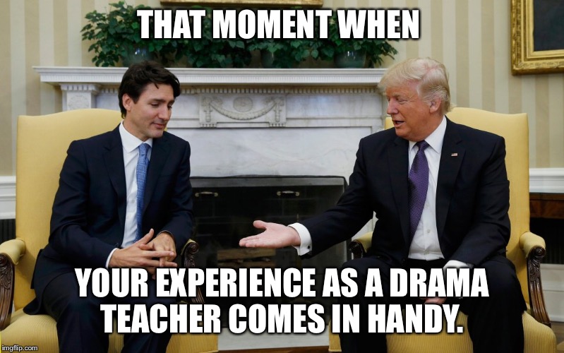 THAT MOMENT WHEN; YOUR EXPERIENCE AS A DRAMA TEACHER COMES IN HANDY. | image tagged in drama | made w/ Imgflip meme maker