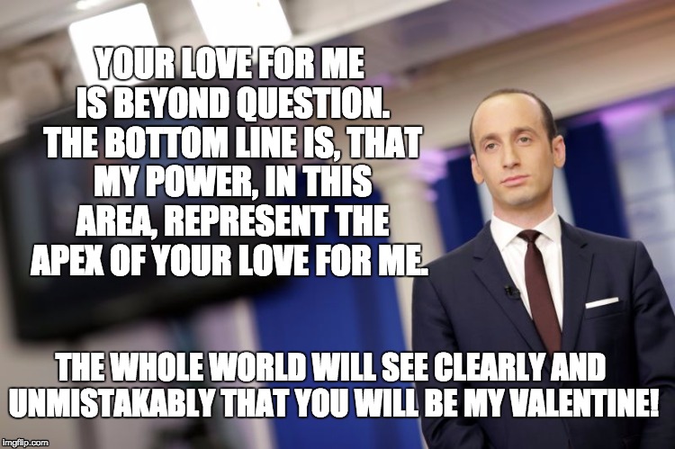 Stephen Miller Valentine - YOU WILL BE MINE! | YOUR LOVE FOR ME IS BEYOND QUESTION. THE BOTTOM LINE IS, THAT MY POWER, IN THIS AREA, REPRESENT THE APEX OF YOUR LOVE FOR ME. THE WHOLE WORLD WILL SEE CLEARLY AND UNMISTAKABLY THAT YOU WILL BE MY VALENTINE! | image tagged in valentine's day | made w/ Imgflip meme maker