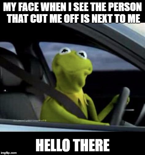 Kermit driving | MY FACE WHEN I SEE THE PERSON THAT CUT ME OFF IS NEXT TO ME; HELLO THERE | image tagged in kermit driving | made w/ Imgflip meme maker