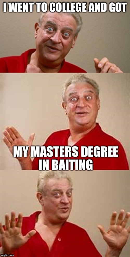 bad pun Dangerfield  | I WENT TO COLLEGE AND GOT; MY MASTERS DEGREE IN BAITING | image tagged in bad pun dangerfield,college,masters degree | made w/ Imgflip meme maker
