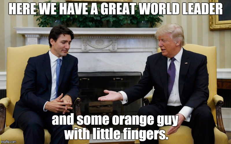 Trudeau Trump | HERE WE HAVE A GREAT WORLD LEADER; and some orange guy with little fingers. | image tagged in trudeau trump | made w/ Imgflip meme maker