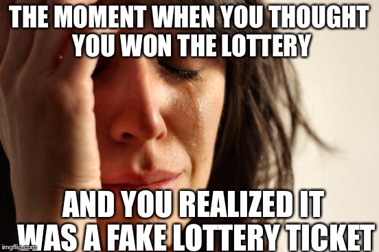First World Problems | THE MOMENT WHEN YOU THOUGHT YOU WON THE LOTTERY; AND YOU REALIZED IT WAS A FAKE LOTTERY TICKET | image tagged in memes,first world problems | made w/ Imgflip meme maker