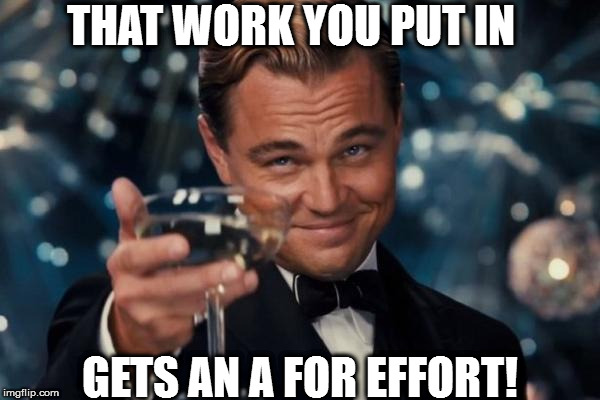 Leonardo Dicaprio Cheers | THAT WORK YOU PUT IN; GETS AN A FOR EFFORT! | image tagged in memes,leonardo dicaprio cheers | made w/ Imgflip meme maker