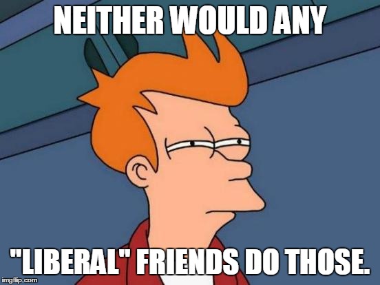 Futurama Fry Meme | NEITHER WOULD ANY "LIBERAL" FRIENDS DO THOSE. | image tagged in memes,futurama fry | made w/ Imgflip meme maker