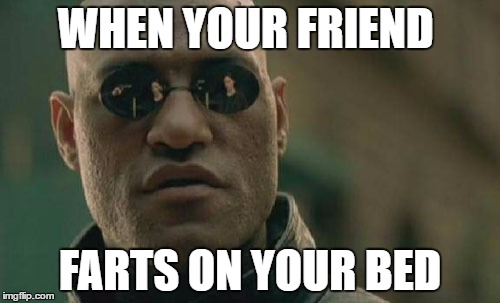 Matrix Morpheus | WHEN YOUR FRIEND; FARTS ON YOUR BED | image tagged in memes,matrix morpheus | made w/ Imgflip meme maker