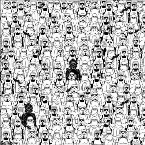 Try and see if you can find the different one... | image tagged in memes,star wars,stormtroopers,snow troopers,death troopers,and a panda | made w/ Imgflip meme maker