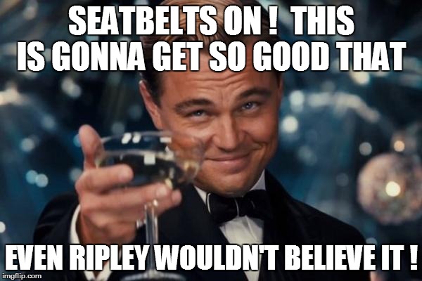 Leonardo Dicaprio Cheers | SEATBELTS ON !  THIS IS GONNA GET SO GOOD THAT; EVEN RIPLEY WOULDN'T BELIEVE IT ! | image tagged in memes,leonardo dicaprio cheers | made w/ Imgflip meme maker