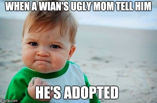 Victory Baby | WHEN A WIAN'S UGLY MOM TELL HIM; HE'S ADOPTED | image tagged in victory baby | made w/ Imgflip meme maker