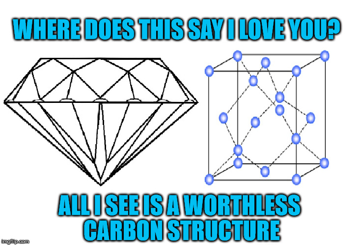 Is it just me? Or am I missing something! | WHERE DOES THIS SAY I LOVE YOU? ALL I SEE IS A WORTHLESS CARBON STRUCTURE | image tagged in diamonds,crystal,missing,i love you,hoax | made w/ Imgflip meme maker