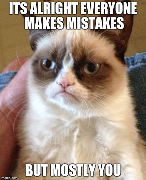 Grumpy Cat | ITS ALRIGHT EVERYONE MAKES MISTAKES; BUT MOSTLY YOU | image tagged in memes,grumpy cat | made w/ Imgflip meme maker