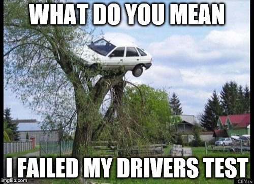 Secure Parking Meme | WHAT DO YOU MEAN; I FAILED MY DRIVERS TEST | image tagged in memes,secure parking | made w/ Imgflip meme maker
