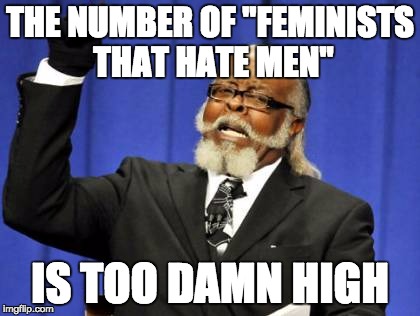 Damn you, Gender Terrorists. | THE NUMBER OF "FEMINISTS THAT HATE MEN"; IS TOO DAMN HIGH | image tagged in memes,too damn high | made w/ Imgflip meme maker