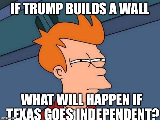 Futurama Fry | IF TRUMP BUILDS A WALL; WHAT WILL HAPPEN IF TEXAS GOES INDEPENDENT? | image tagged in memes,futurama fry | made w/ Imgflip meme maker