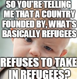 Skeptical Baby Meme | SO YOU'RE TELLING ME THAT A COUNTRY FOUNDED BY, WHAT'S BASICALLY REFUGEES; REFUSES TO TAKE IN REFUGEES? | image tagged in memes,skeptical baby,wtf,refugees,political,'murica | made w/ Imgflip meme maker