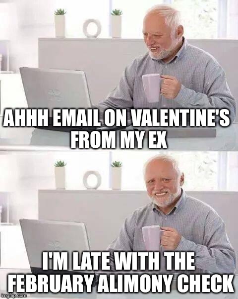 Demand for alimony Valentine's Day greeting | AHHH EMAIL ON VALENTINE'S FROM MY EX; I'M LATE WITH THE FEBRUARY ALIMONY CHECK | image tagged in memes,hide the pain harold,valentine's day,alimony | made w/ Imgflip meme maker