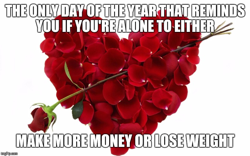 V day | THE ONLY DAY OF THE YEAR THAT REMINDS YOU IF YOU'RE ALONE TO EITHER; MAKE MORE MONEY OR LOSE WEIGHT | image tagged in v day | made w/ Imgflip meme maker