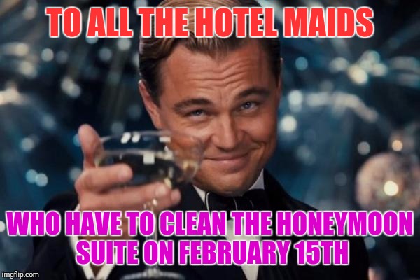 And good luck to you! You'll need it! | TO ALL THE HOTEL MAIDS; WHO HAVE TO CLEAN THE HONEYMOON SUITE ON FEBRUARY 15TH | image tagged in memes,leonardo dicaprio cheers | made w/ Imgflip meme maker