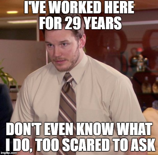Afraid To Ask Andy Meme | I'VE WORKED HERE FOR 29 YEARS; DON'T EVEN KNOW WHAT I DO, TOO SCARED TO ASK | image tagged in memes,afraid to ask andy | made w/ Imgflip meme maker