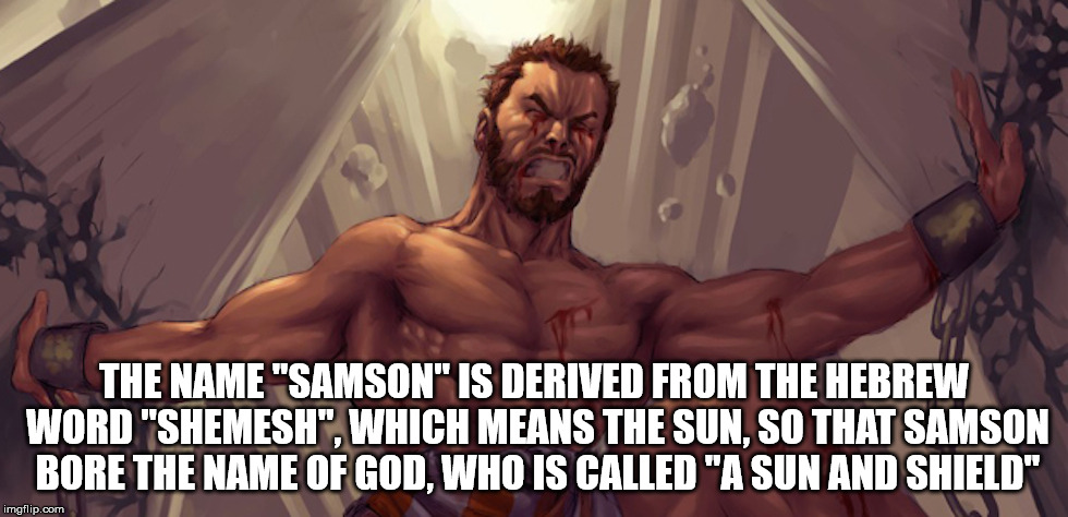 Samson | THE NAME "SAMSON" IS DERIVED FROM THE HEBREW WORD "SHEMESH", WHICH MEANS THE SUN, SO THAT SAMSON BORE THE NAME OF GOD, WHO IS CALLED "A SUN AND SHIELD" | image tagged in samson | made w/ Imgflip meme maker