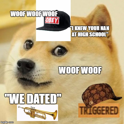 Doge | WOOF WOOF WOOF; "I KNEW YOUR NAN AT HIGH SCHOOL"; WOOF WOOF; "WE DATED" | image tagged in memes,doge,scumbag | made w/ Imgflip meme maker