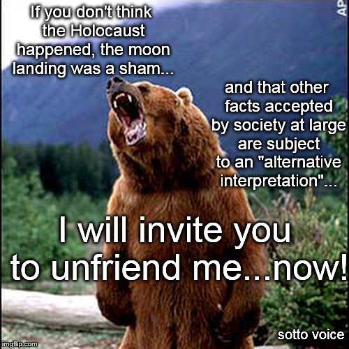 If you don't think the Holocaust happened, the moon landing was a sham... and that other facts accepted by society at large are subject to an "alternative interpretation"... I will invite you to unfriend me...now! sotto voice | image tagged in bear | made w/ Imgflip meme maker