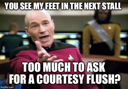 Picard Wtf Meme | YOU SEE MY FEET IN THE NEXT STALL; TOO MUCH TO ASK FOR A COURTESY FLUSH? | image tagged in memes,picard wtf | made w/ Imgflip meme maker