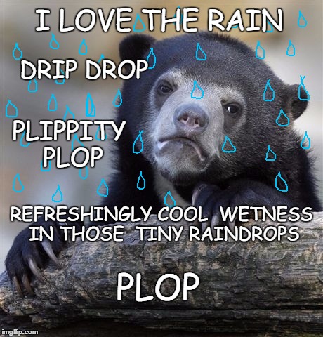 Confession Bear Meme | I LOVE THE RAIN; DRIP DROP; PLIPPITY PLOP; REFRESHINGLY COOL 
WETNESS IN THOSE 
TINY RAINDROPS; PLOP | image tagged in memes,confession bear | made w/ Imgflip meme maker