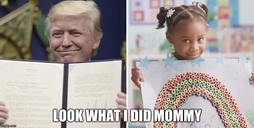 LOOK WHAT I DID MOMMY | image tagged in trump shows work | made w/ Imgflip meme maker