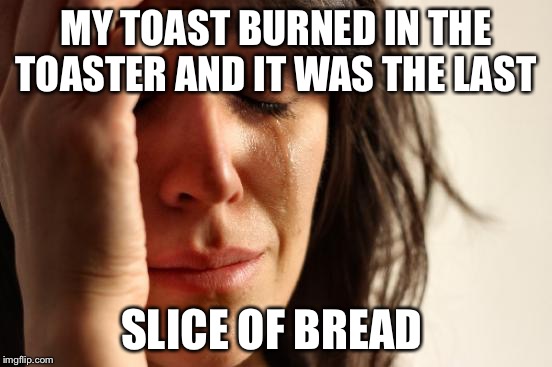 First World Problems | MY TOAST BURNED IN THE TOASTER AND IT WAS THE LAST; SLICE OF BREAD | image tagged in memes,first world problems | made w/ Imgflip meme maker