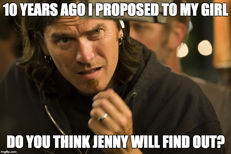 Skeptical Birdsong | 10 YEARS AGO I PROPOSED TO MY GIRL; DO YOU THINK JENNY WILL FIND OUT? | image tagged in skeptical birdsong | made w/ Imgflip meme maker