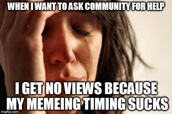 Memes and work won't go along :( | WHEN I WANT TO ASK COMMUNITY FOR HELP; I GET NO VIEWS BECAUSE MY MEMEING TIMING SUCKS | image tagged in memes,first world problems | made w/ Imgflip meme maker