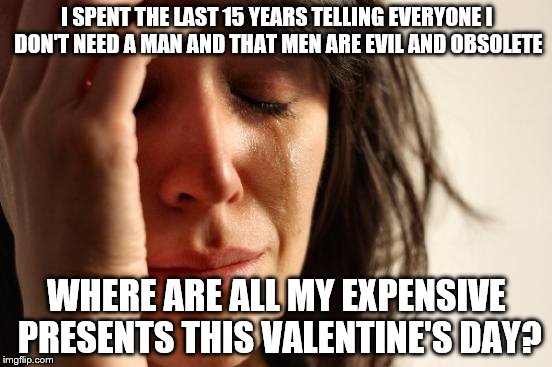 Never mind: your cat still loves you | I SPENT THE LAST 15 YEARS TELLING EVERYONE I DON'T NEED A MAN AND THAT MEN ARE EVIL AND OBSOLETE; WHERE ARE ALL MY EXPENSIVE PRESENTS THIS VALENTINE'S DAY? | image tagged in memes,first world problems,men bad women good | made w/ Imgflip meme maker