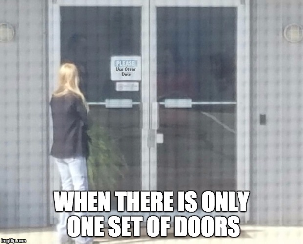 She stood there for 3-5 minutes... | WHEN THERE IS ONLY ONE SET OF DOORS | image tagged in funny memes | made w/ Imgflip meme maker