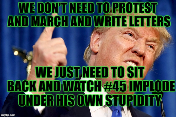 Donald Trump | WE DON'T NEED TO PROTEST AND MARCH AND WRITE LETTERS; WE JUST NEED TO SIT BACK AND WATCH #45 IMPLODE UNDER HIS OWN STUPIDITY | image tagged in donald trump | made w/ Imgflip meme maker