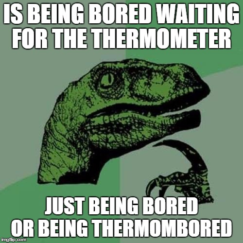 Philosoraptor | IS BEING BORED WAITING FOR THE THERMOMETER; JUST BEING BORED OR BEING THERMOMBORED | image tagged in memes,philosoraptor | made w/ Imgflip meme maker