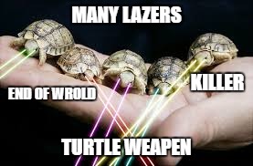 lazer turtle | MANY LAZERS; KILLER; END OF WROLD; TURTLE WEAPEN | image tagged in actual advice mallard | made w/ Imgflip meme maker