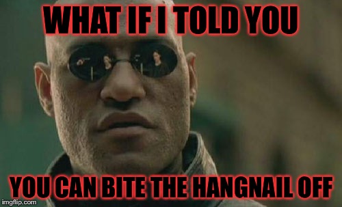 Matrix Morpheus Meme | WHAT IF I TOLD YOU YOU CAN BITE THE HANGNAIL OFF | image tagged in memes,matrix morpheus | made w/ Imgflip meme maker