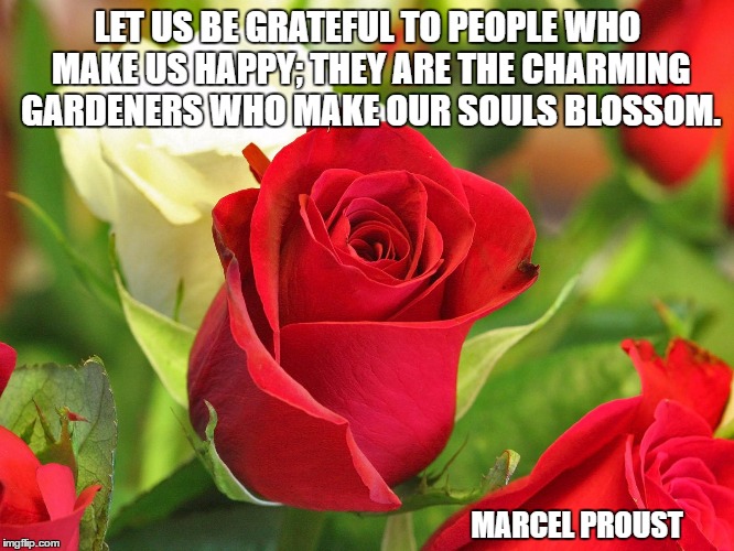 Roses | LET US BE GRATEFUL TO PEOPLE WHO MAKE US HAPPY; THEY ARE THE CHARMING GARDENERS WHO MAKE OUR SOULS BLOSSOM. MARCEL PROUST | image tagged in roses | made w/ Imgflip meme maker