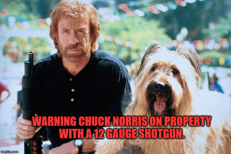 WARNING CHUCK NORRIS ON PROPERTY WITH A 12 GAUGE SHOTGUN. | image tagged in chuck norris guns | made w/ Imgflip meme maker