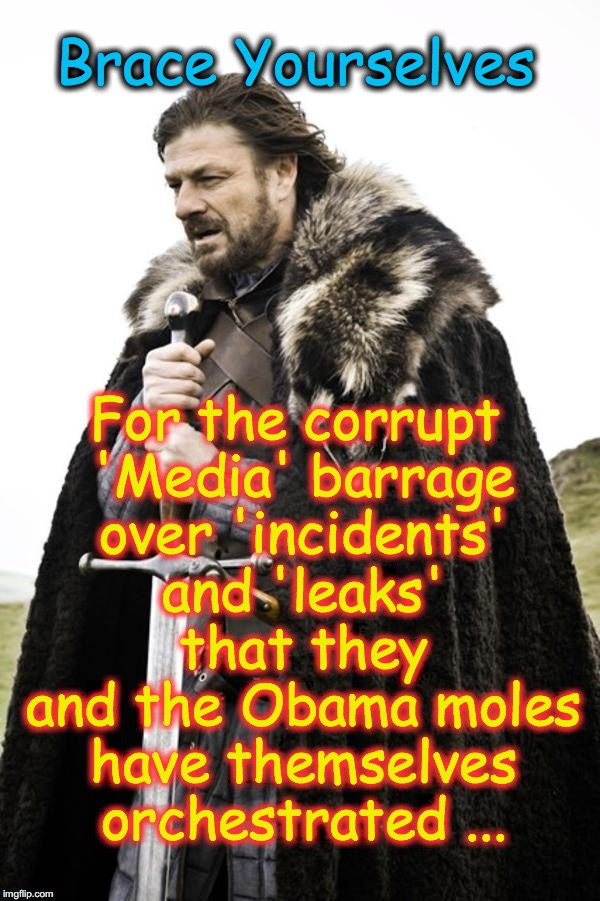 Brace yourselves  | Brace Yourselves; For the corrupt 'Media' barrage over 'incidents' and 'leaks' that they and the Obama moles have themselves orchestrated ... | image tagged in brace yourselves | made w/ Imgflip meme maker