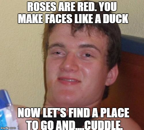 10 Guy | ROSES ARE RED. YOU MAKE FACES LIKE A DUCK; NOW LET'S FIND A PLACE TO GO AND....CUDDLE. | image tagged in memes,10 guy | made w/ Imgflip meme maker