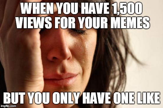 First World Problems Meme | WHEN YOU HAVE 1,500 VIEWS FOR YOUR MEMES; BUT YOU ONLY HAVE ONE LIKE | image tagged in memes,first world problems | made w/ Imgflip meme maker